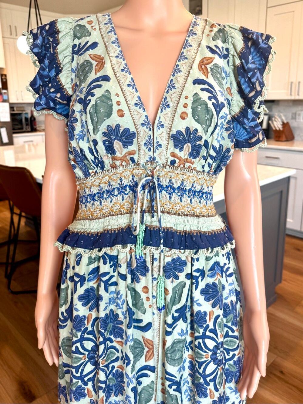 Farm Rio Ocean Tapestry Green Blue Floral V-Neck Smocked Maxi Dress Medium - Picture 5 of 7